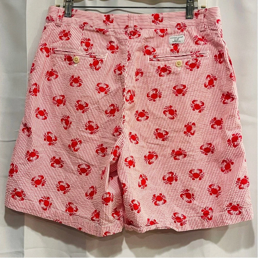 Vineyard Vines Mens 32 Seersucker Shorts Red White Striped Embroidered Crab Prep